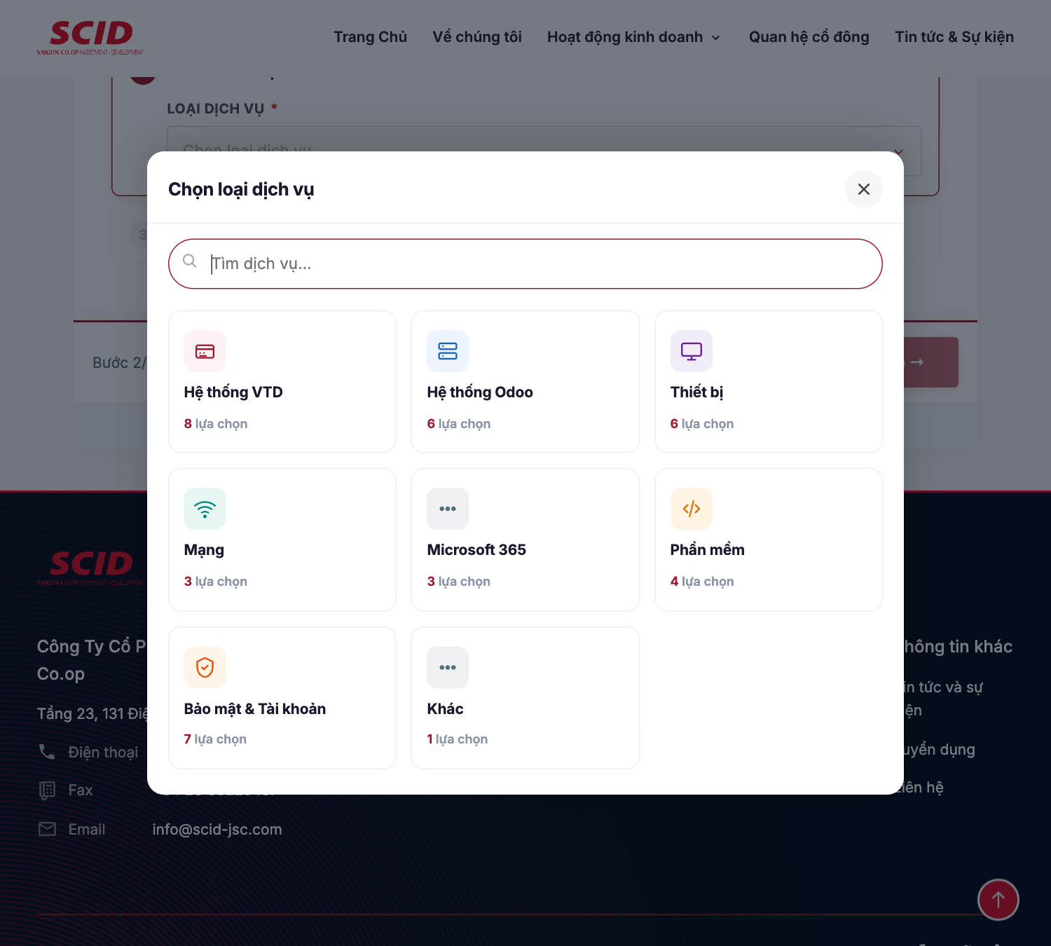 Modal cấp 1 — 8 nhóm dịch vụ