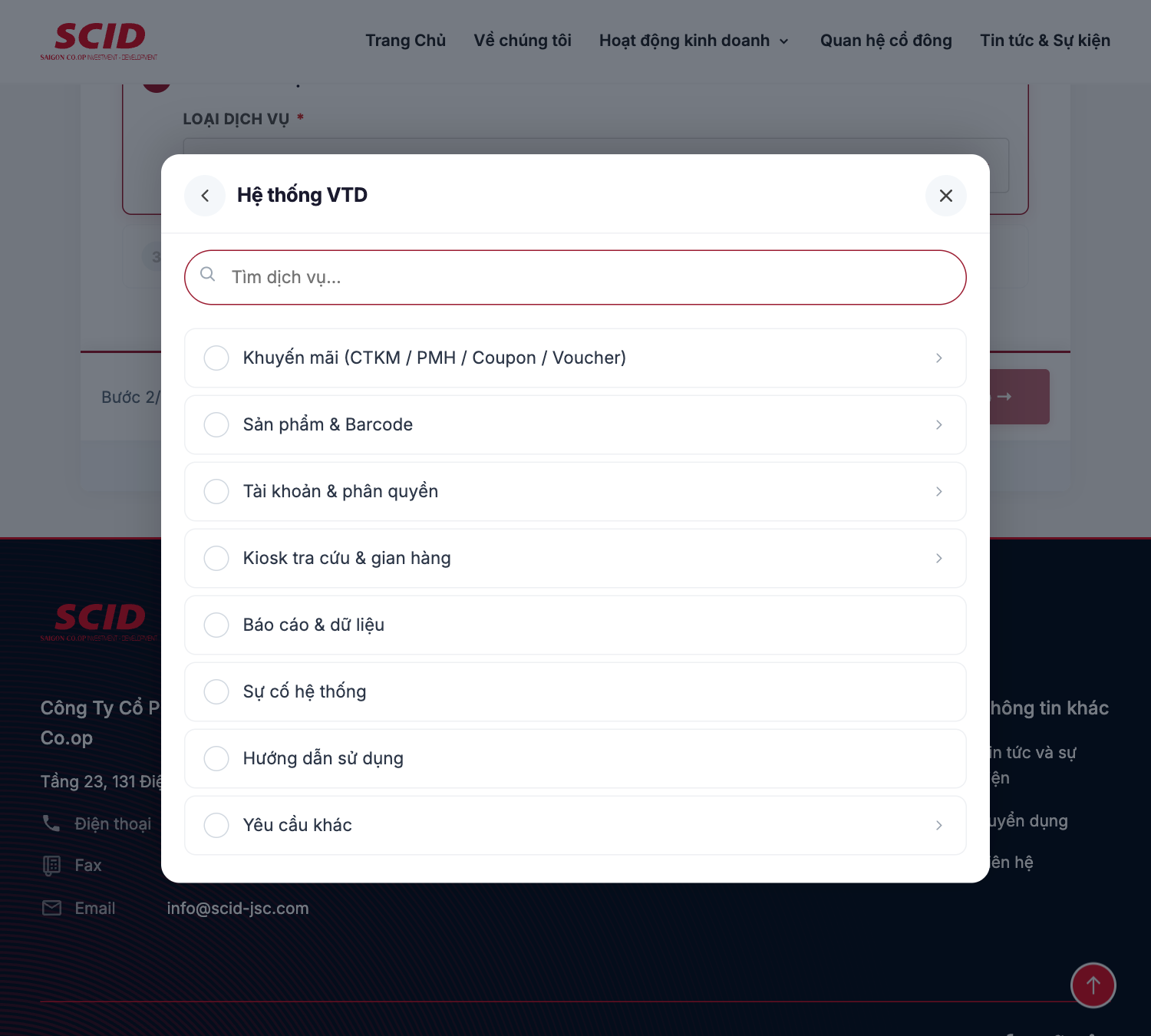 Modal cấp 2 — 8 dịch vụ VTD