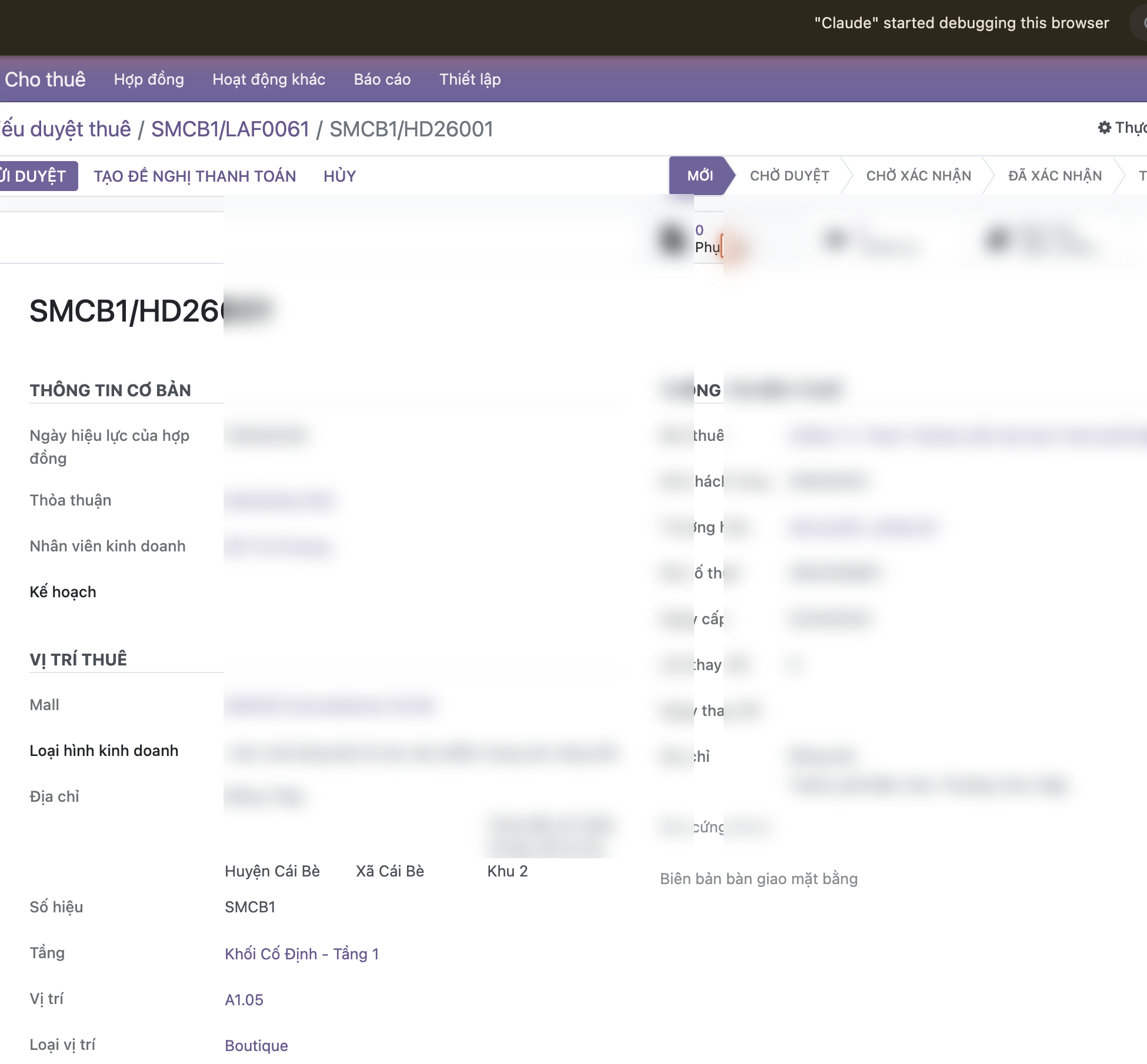 Form Hợp đồng trên Odoo (dữ liệu đã làm mờ) — mã HĐ format SMCB1/HD26001, status MỚI → CHỜ DUYỆT → CHỜ XÁC NHẬN → ĐÃ XÁC NHẬN → TỪ CHỐI DUYỆT → HUỶ. Các nút thao tác: GỬI DUYỆT, TẠO ĐỀ NGHỊ THANH TOÁN, HỦY