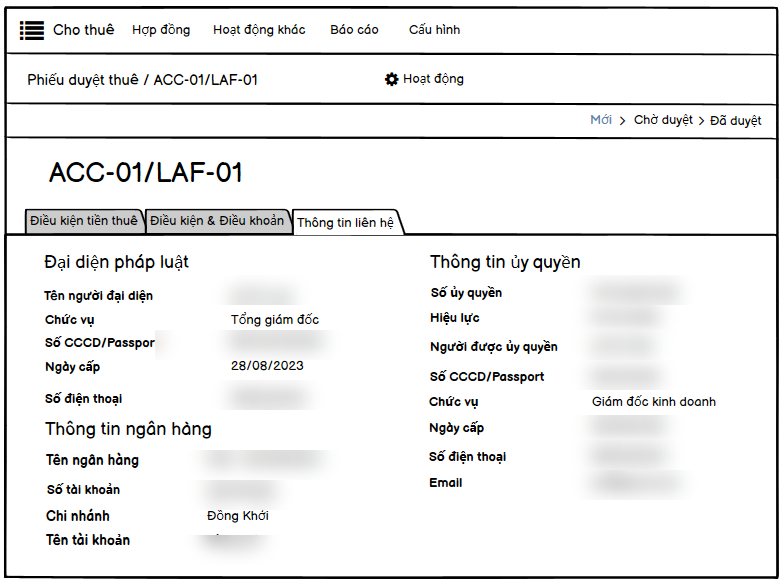 Tab Thông tin liên hệ trên wireframe — họ tên, CCCD, ngày cấp, SĐT của đại diện + thông tin ủy quyền (số ủy quyền, hiệu lực) + thông tin ngân hàng nhận tiền hoàn cọc
